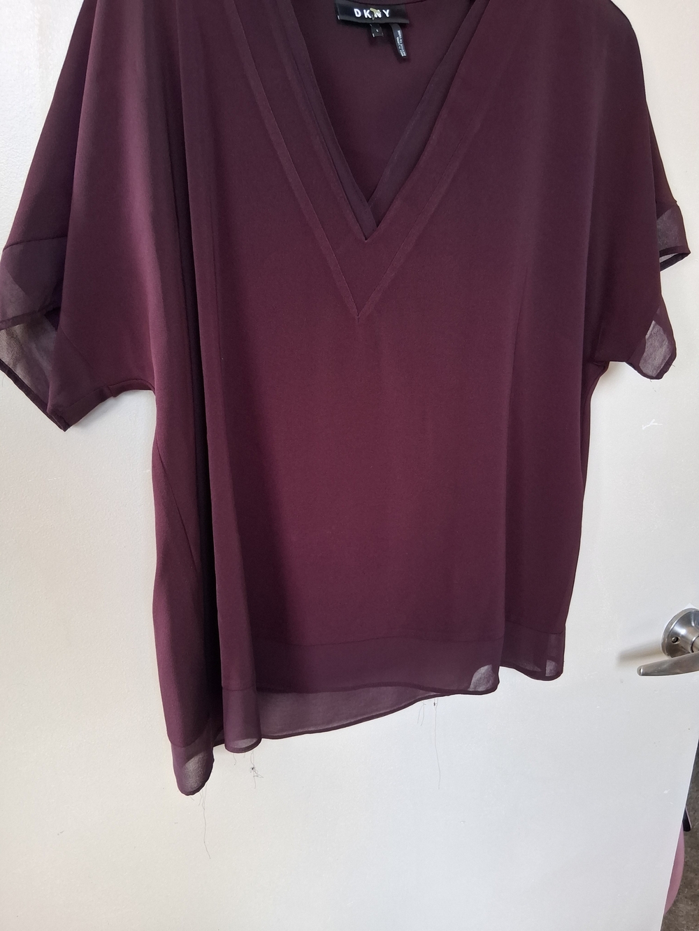DKNY Women's V-Neck Short Sleeve Blouse in Burgundy